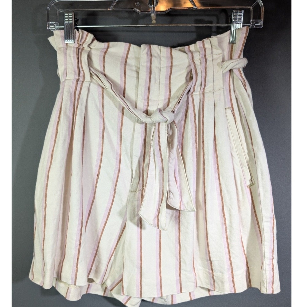 Anthropology Linen Blend Paper Bag Shorts Sz 2 Cream w/ Pink Stripe Retro Summer